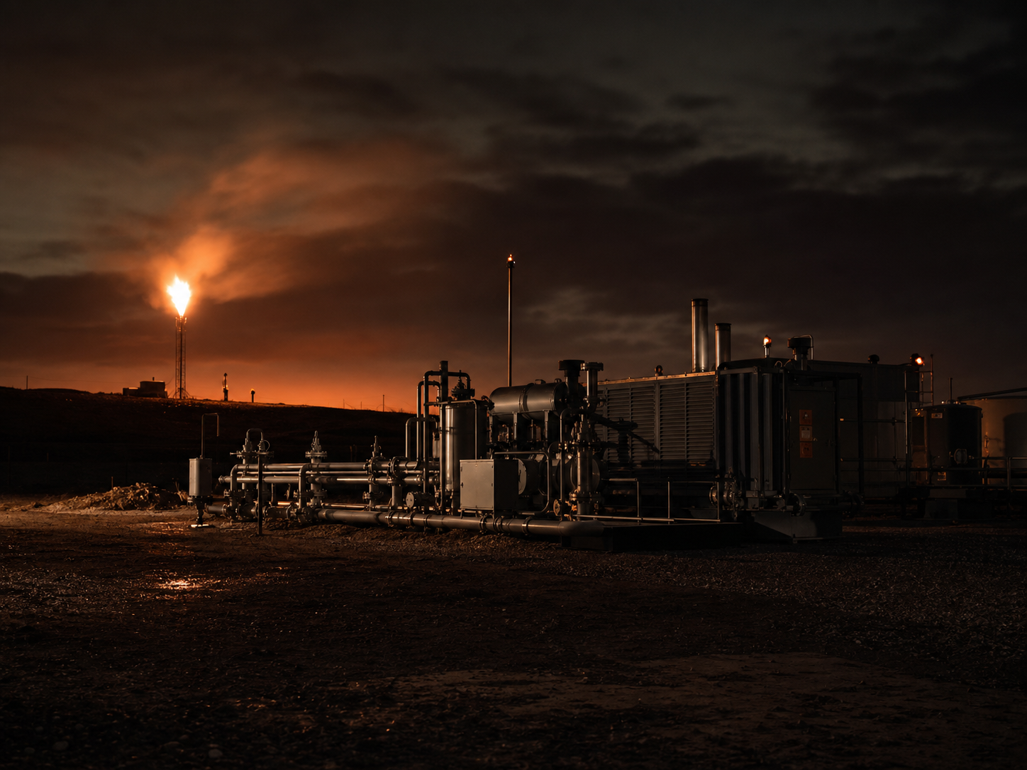 Wellsite at dusk with field equipment and gas flare